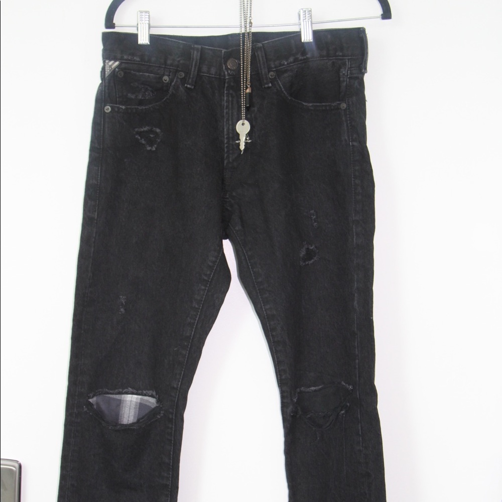 plaid knee cut out detail;  denim & supply jeans